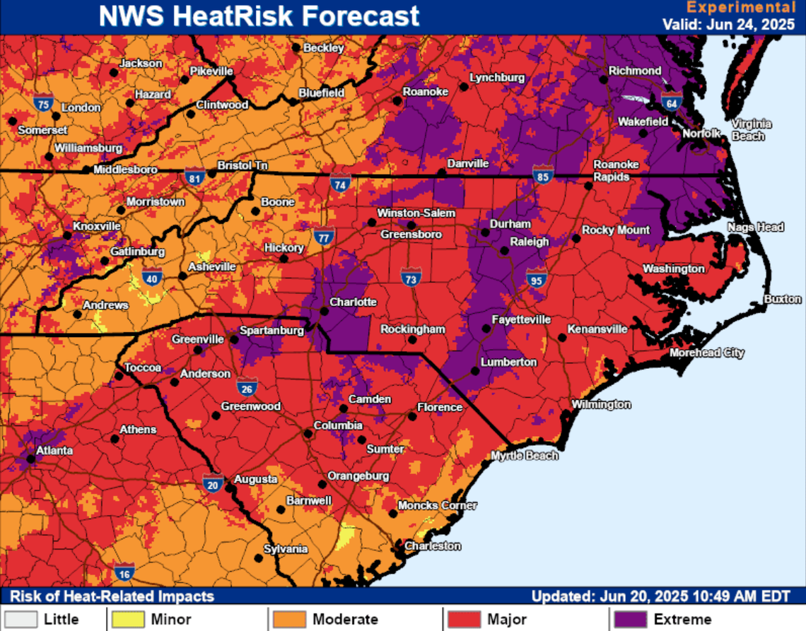 The National Weather Service predicts Horry County will see moderate to major heat-related impacts on Tuesday, June 24, 2025.