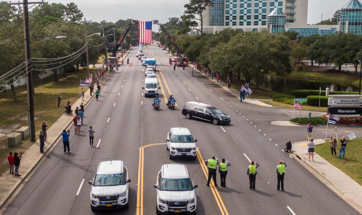 A public funeral service is being held today at the Myrtle Beach Convention Center for Pfc. Jacob Hancher, a Myrtle Beach police officer who was shot and killed earlier this week while responding to a domestic call. Police and first responders from around the region came to pay their respects. October 9, 2020.