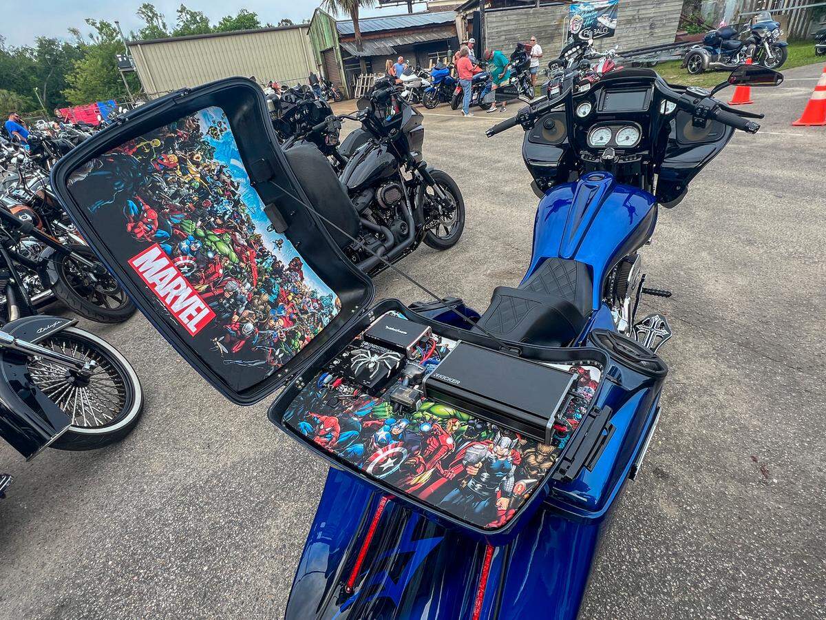 A Marvel Comic themed bike by Shawn Harper of Wilmington, NC on display in front of Spokes and Bones at the 2025 Spring Rally. Motorcycle culture was on full display and vendors, bands and events drew bikers to venues on the South end of the Grand Strand. Friday, May 16, 2025.