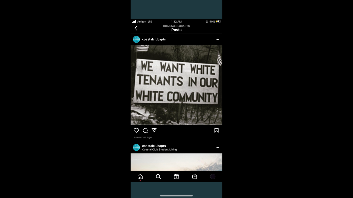 A screenshot of racist post from Coastal Club Student Living’s Instagram page.