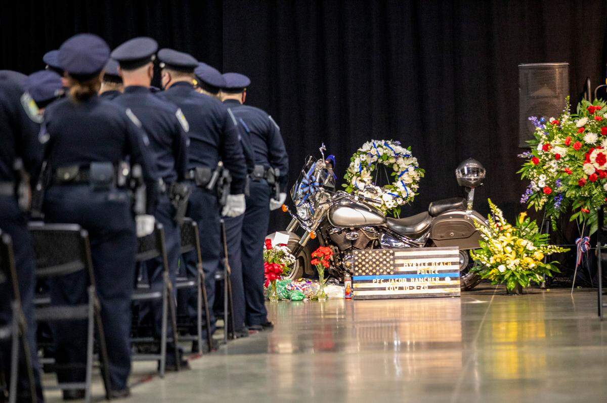 A motorcycle owned by Myrtle Beach police officer Jacob Hancher and once owned by officer Joseph McGarry. Hancher was killed in a shooting on Oct. 3. McGarry was also killed in the line of duty in 2002.