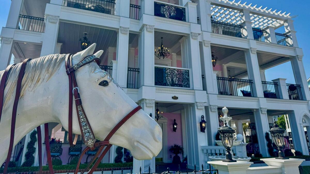 The Pink Palace, a rental house in Ocean Lakes in the Myrtle Beach area, has recently gone viral on social media platforms such as Tiktok. Unique features include a carriage, a putting green, an outdoor canopy bed, custom chandeliers in the showers and a Moke golf cart. Monday, June 23, 2025.