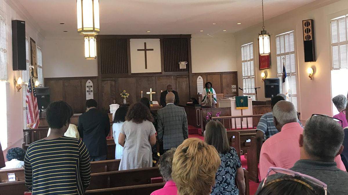 Worshippers are shown at Joseph B. Bethea United Methodist Church in Horry County, S.C., which remained affiliated with the UMC after more than 100 South Carolina churches left the denomination in 2023. Methodists are now gathering in Charlotte for a conference where they will debate acceptance of LGBTQ people.