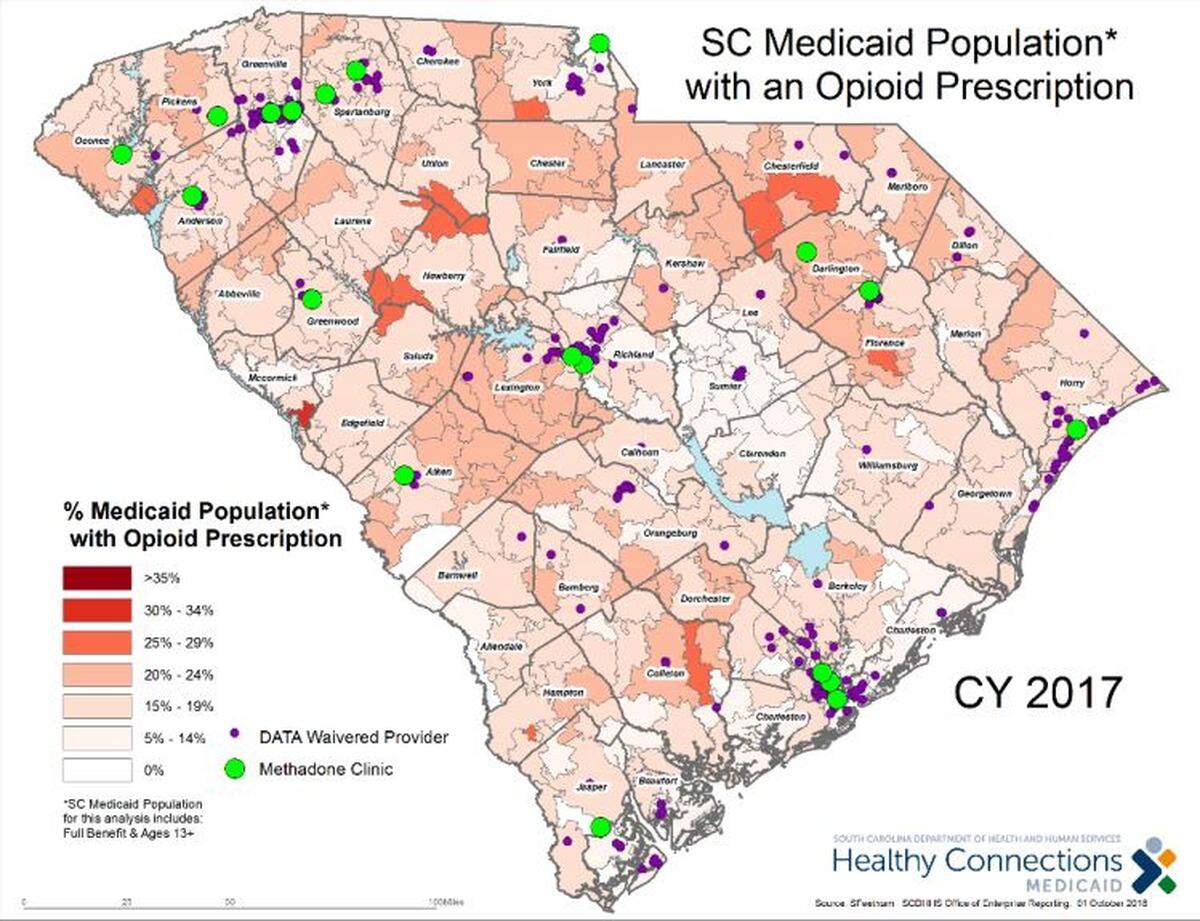 The South Carolina Department of Health and Human Services has prioritized expanding access to medication-assisted treatment to address opioid addiction, and this 2017 map shows how Suboxone prescribers (purple dots) are more accessible than methadone clinics (green circles) statewide.