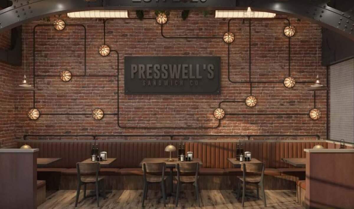 A rendering of the interior design of Presswell’s Sandwich Co. shows off the restaurant’s brick walls, banquette seating and industrial lighting fixtures.