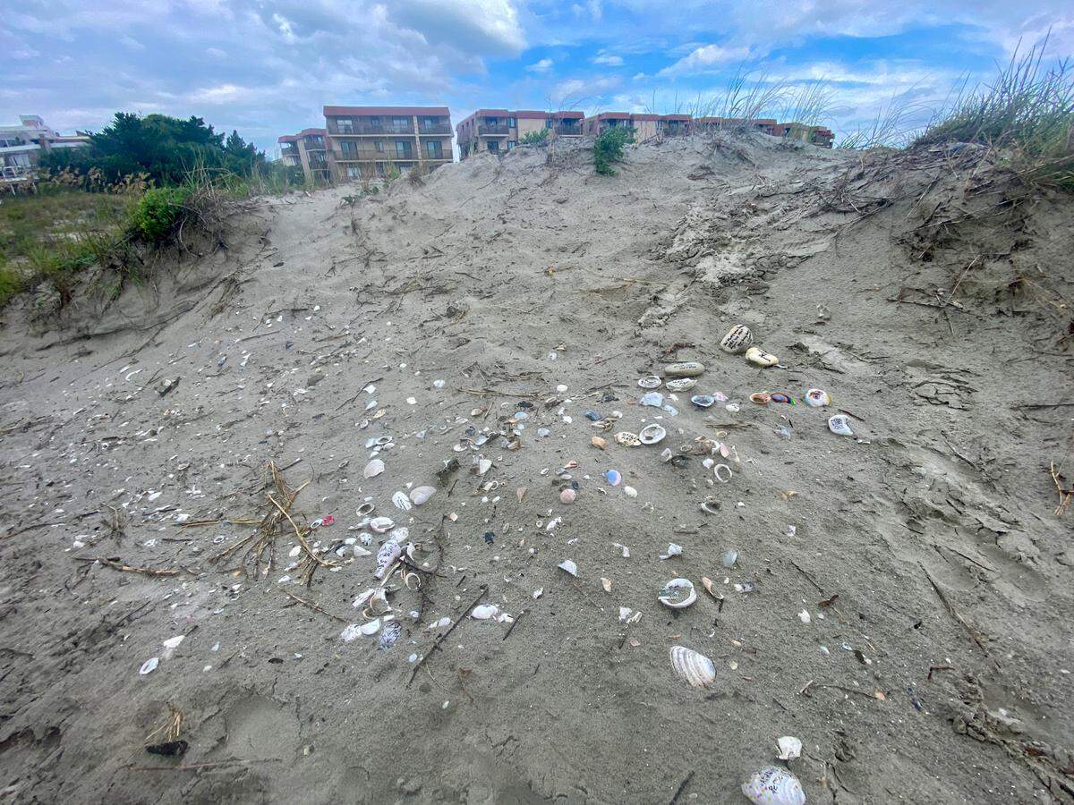 A concrete statue, locally known as the ‘Angel of Hope’, that has stood in the dunes at the point of the Cherry Grove section of North Myrtle Beach has gone missing. All that is left at the site are shells left by visitors painted with the remembrances of loved ones. Aug. 22, 2022.