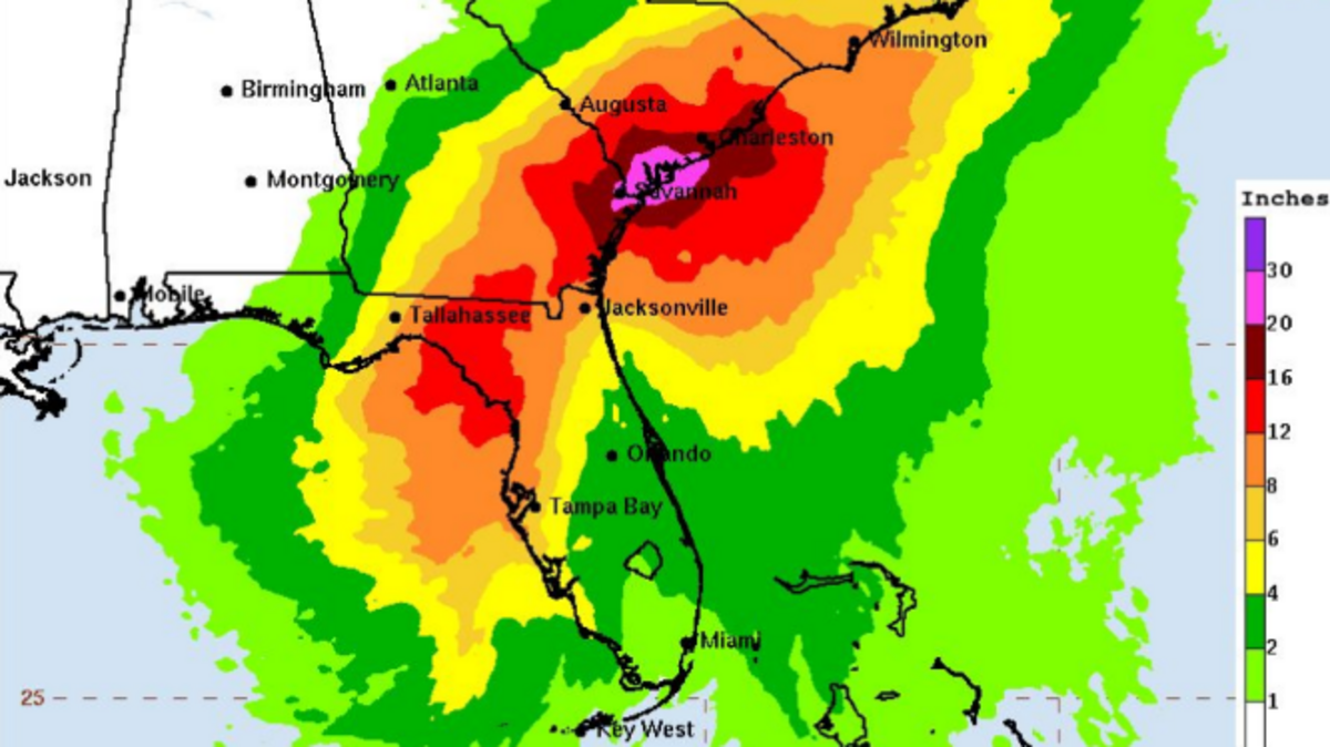 The predicted rainfall map for Tropical Storm Debby. Rain could start on Aug. 4 and is expected to be the most intense on Aug. 6 and 7.