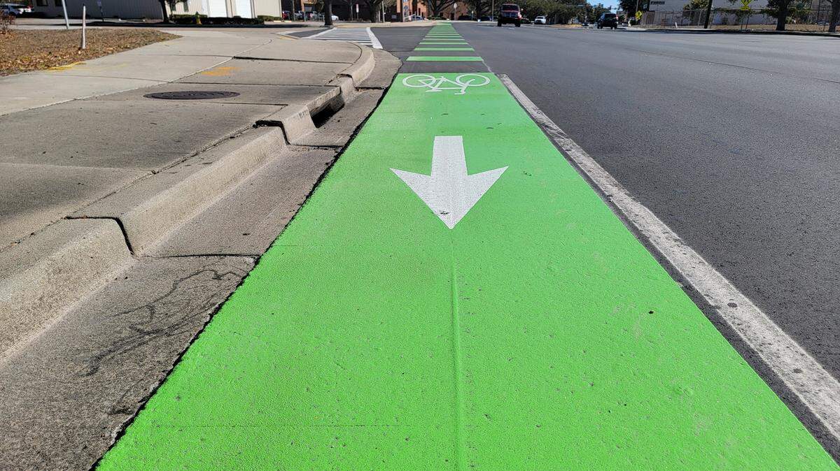 Bike lanes in downtown Myrtle Beach are painted a bright shade of green to improve road safety.