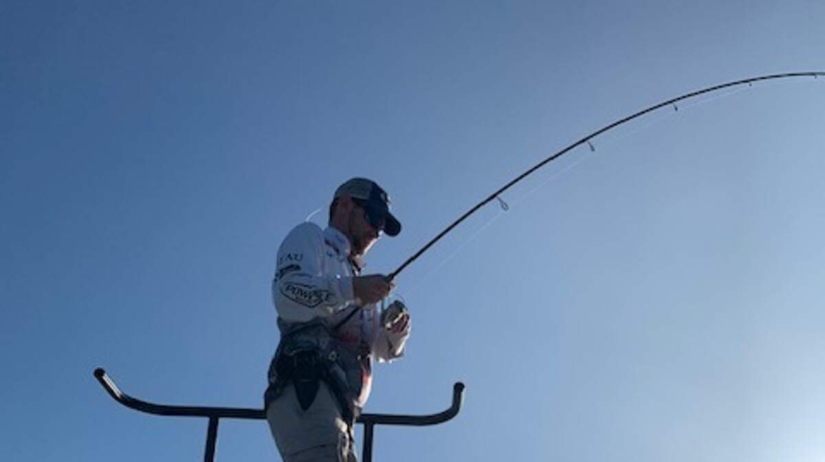Eric Gobbett of Georgetown is hooked up with a red drum during Saturday’s IFA Redfish Tour event out of Georgetown.