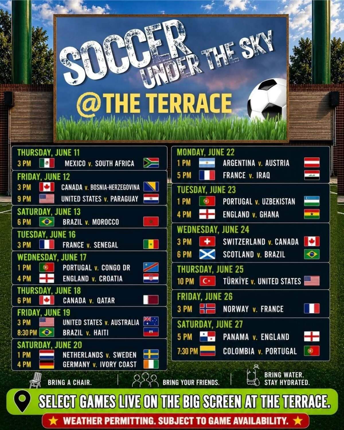 The City of Conway posted this schedule for viewing soccer games on their 16-foot screens at The Terrace downtown on their Facebook page.