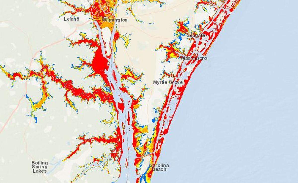With Hurricane Florence expected to make landfall near Wilmington as a Category 3, many coastal areas will likely be inundated by a storm surge, according to the National Hurricane Center. This map shows forecast storm surge with a Category 3 storm hitting near Wilmington.
