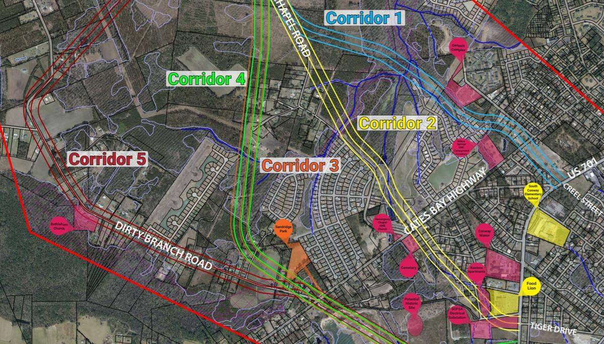 The five potential routes the Conway Perimeter Road Phase II could take through the Sandridge community
