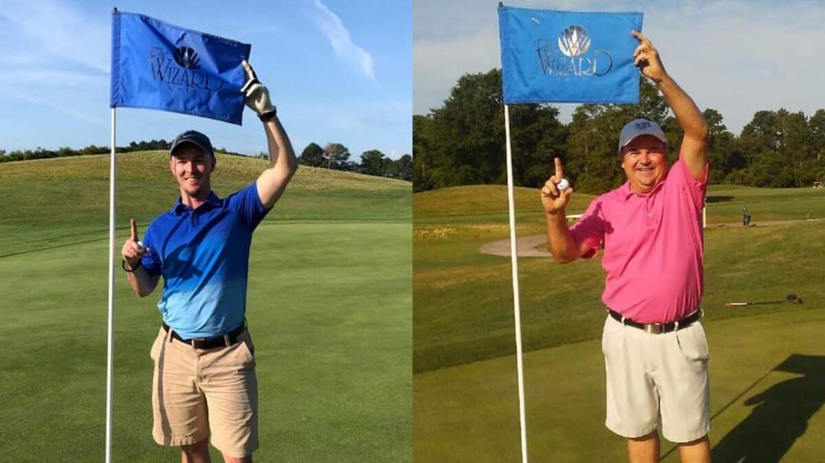 Man O’ War Golf Club head professional Randy Broughton (right) and his son Brentley celebrate their holes in one Sunday at The Wizard Golf Club, which were made within three holes of each other.