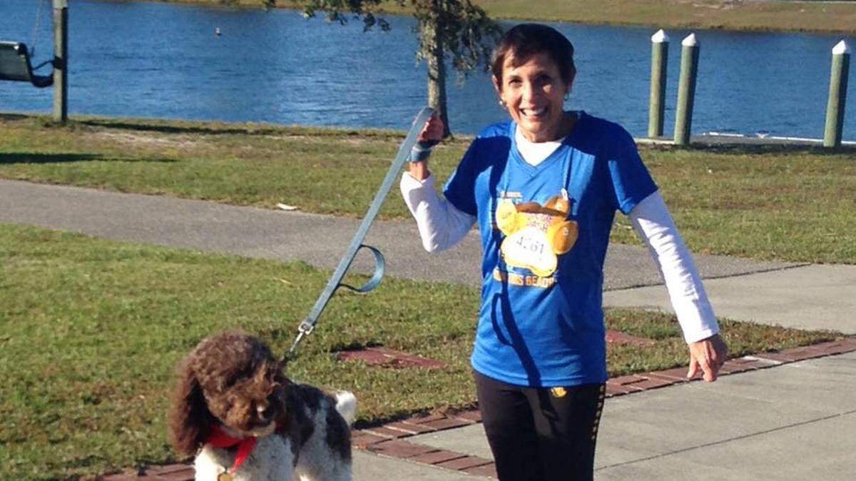 Sandy Schultz-Peters is shown walking her dog in the Market Common area in Myrtle Beach, SC. The 66-year-old died Thursday, June 13, 2024, after being run over by an Horry County Police beach patrol officer while she was sitting on the beach.