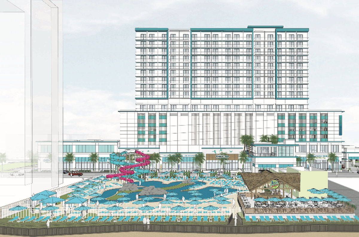 A rendering of the proposed Margaritaville hotel coming to Myrtle Beach. The hotel will have a pool and outside bar area.