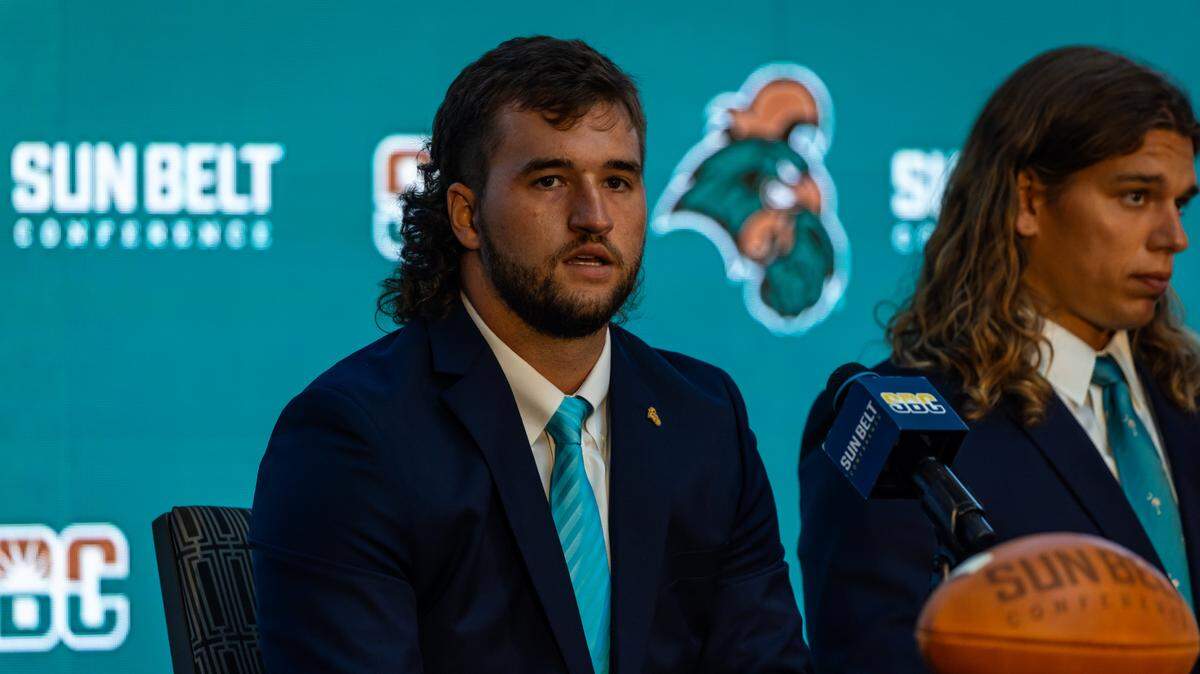 Coastal Carolina quarterback Grayson McCall during Sun Belt Football Media Days July 26, 2023, in New Orleans, Louisiana. The super senior has been prolific in the NIL space during his time at CCU. (Photograph by AJ Henderson, Sun Belt Conference)