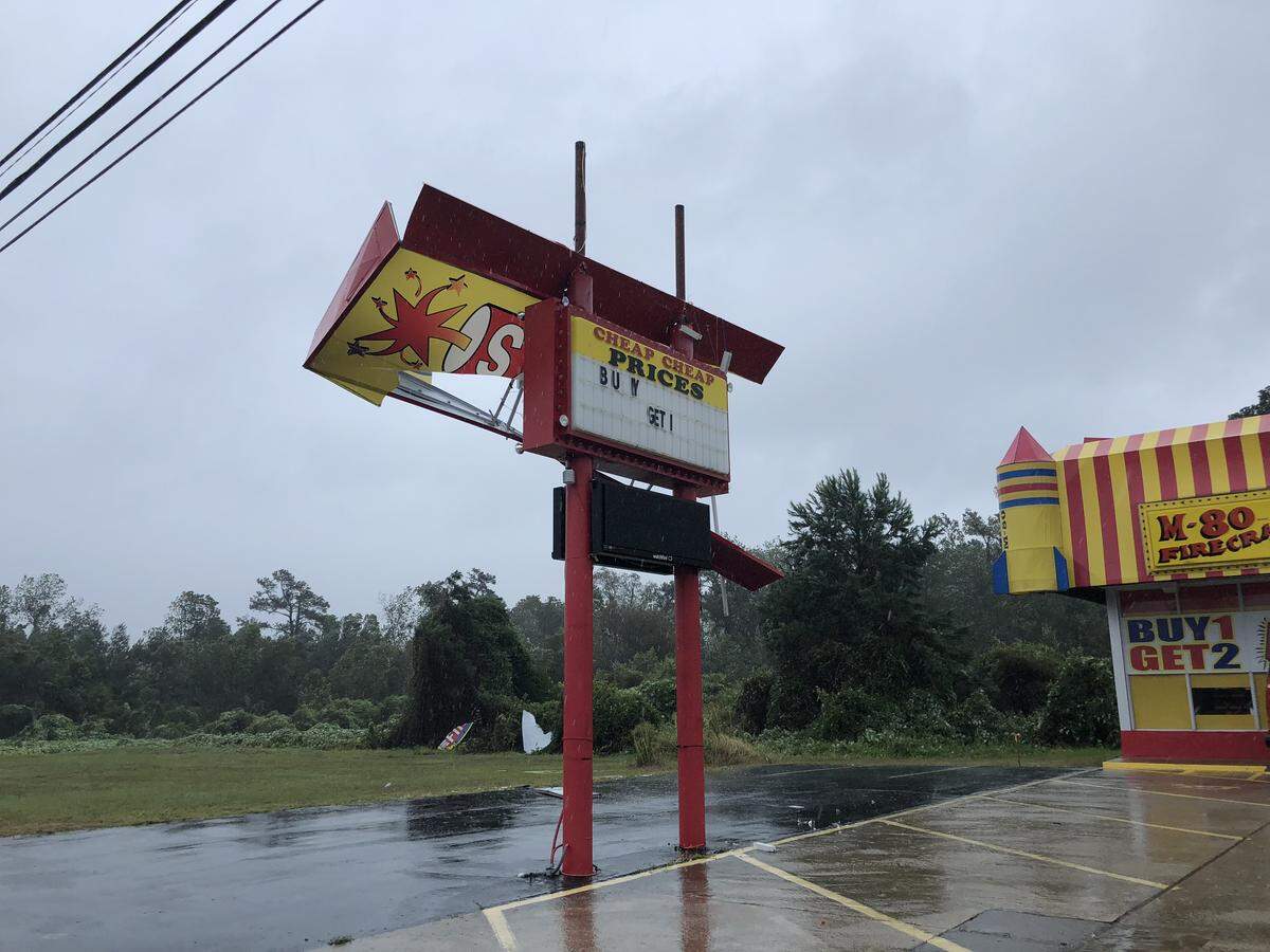 The sign at Dynamite Fireworks, at 9616 North Kings Hwy in Myrtle Beach, was destroyed by Hurricane Florence on Friday.