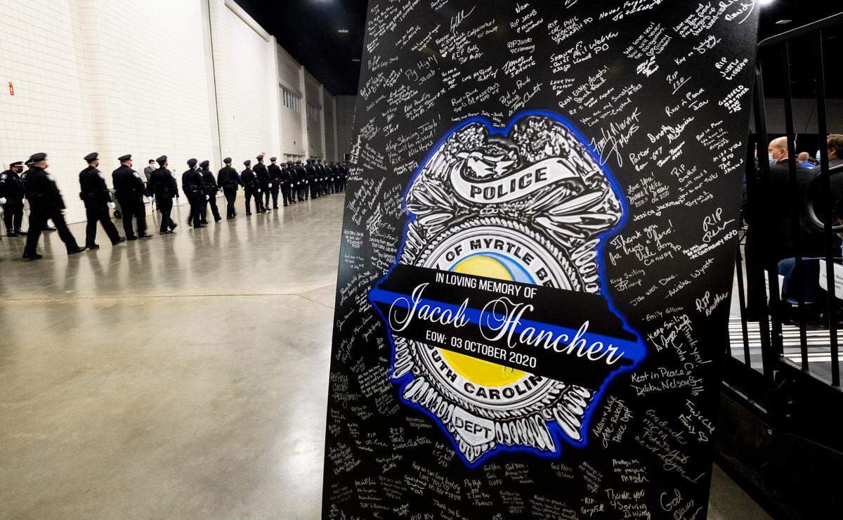 A public funeral service is being held today at the Myrtle Beach Convention Center for Pfc. Jacob Hancher, a Myrtle Beach police officer who was shot and killed earlier this week while responding to a domestic call. Police and first responders from around the region came to pay their respects. October 9, 2020.