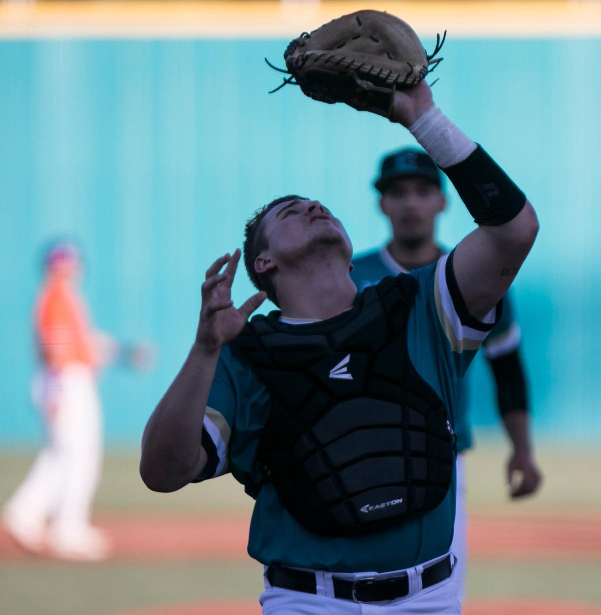 Coastal’s Kyle Skeels catches a foul ball against Clemson. The Coastal Carolina Chanticleers hosted Clemson at Spring Brooks Stadium on Tuesday night. The in-state rival Chanticleers and Tigers will complete their regular seasons this upcoming weekend before competing in their respective conference tournaments. May 14, 2019.