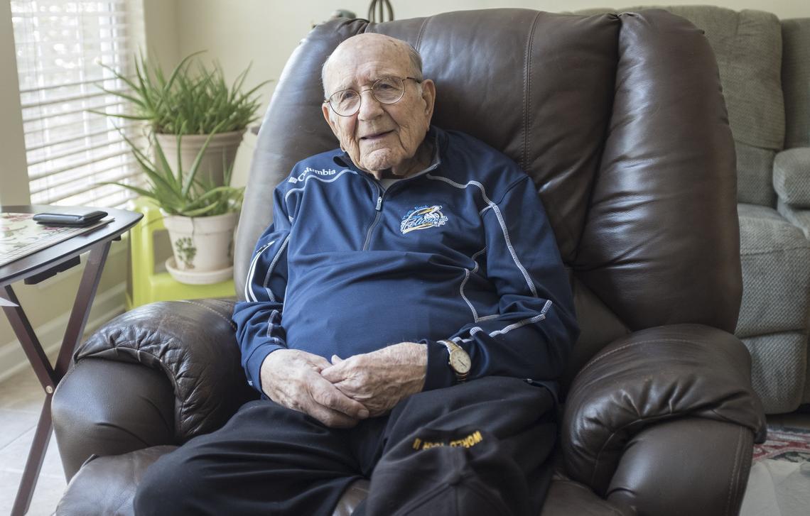 Joe Tusa, a U.S. Navy Veteran of Iwo Jima, who will turn 100-years-old this July, threw out the first pitch of the 2018 Pelican's season. He sat down with The Sun News to talk about his memories of dancing, travel and war. April 12, 2018.