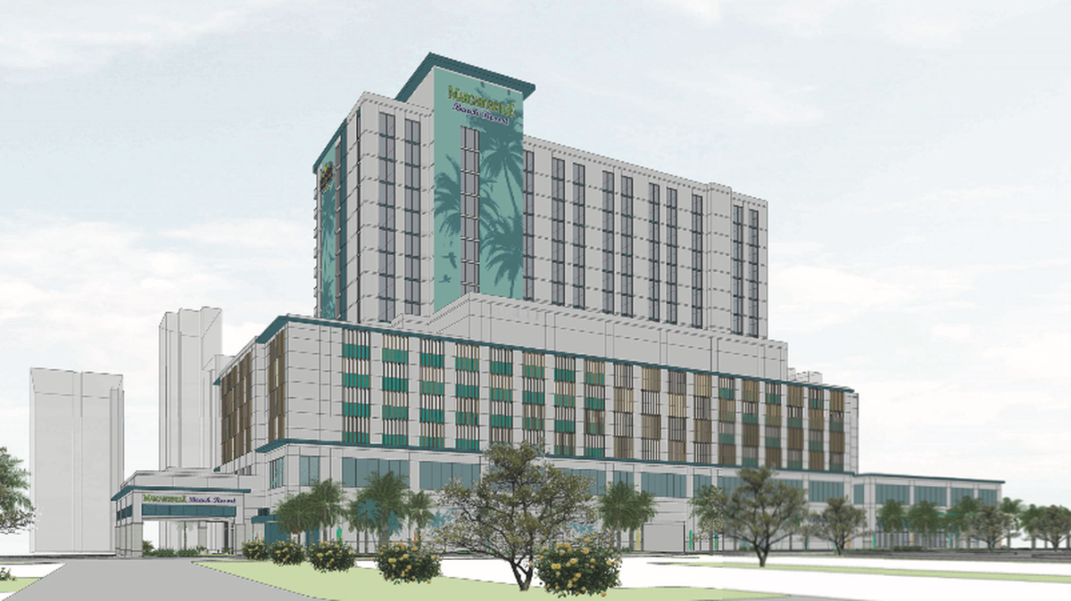 A rendering of the proposed Margaritaville hotel coming to Myrtle Beach. The hotel will have a pool and outside bar area.