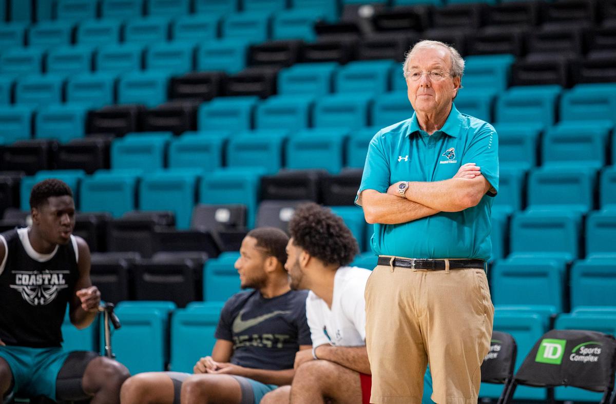 Coastal Carolina head men’s basketball coach Cliff Ellis watches as his players shoot around during practice in August 2019 at the HTC Center in Conway.
