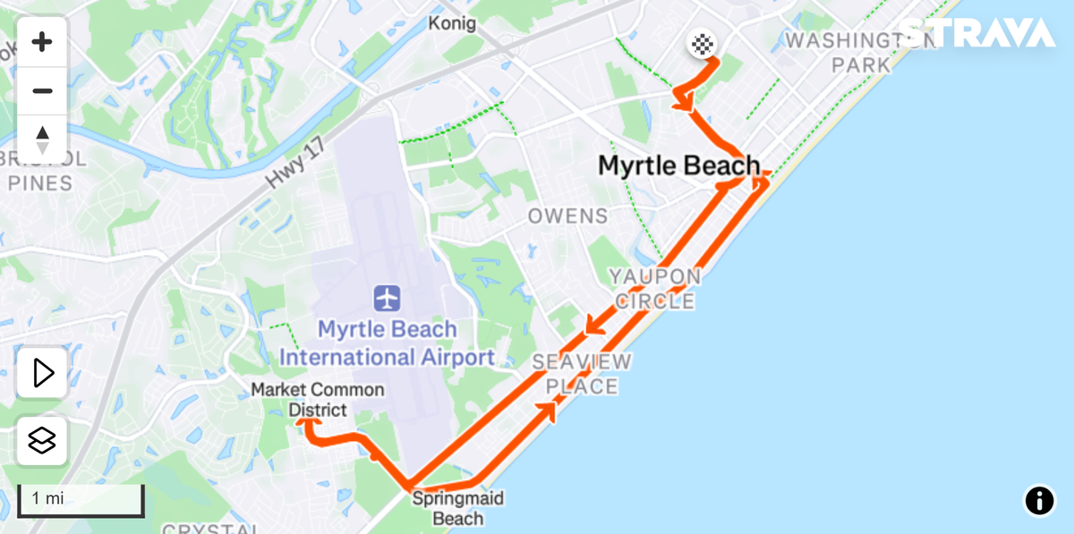 A screenshot shows the 2026 Myrtle Beach Half Marathon course.