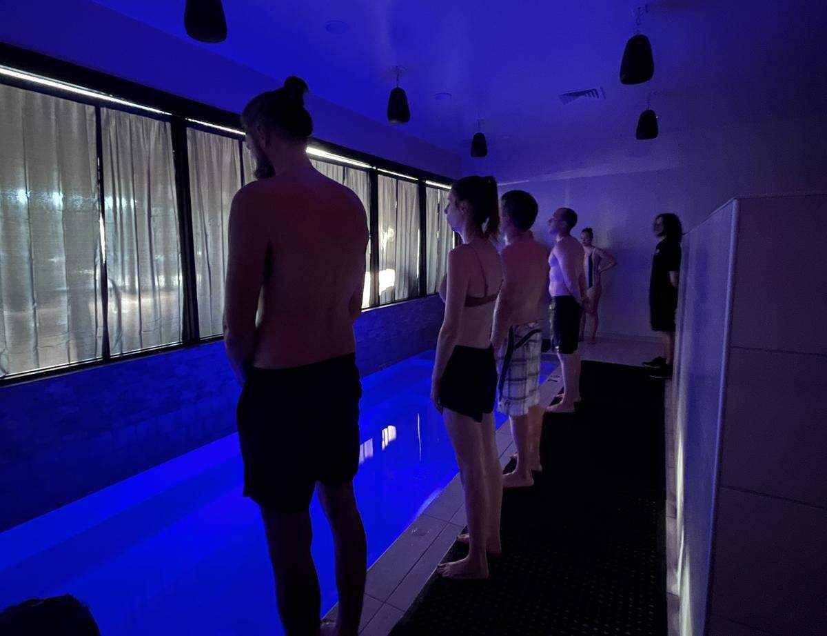 Participants do breathing exercises before entering MINDZERO’s cold pool. The MINDZERO sauna and cold plunge experience is located across the road from the Myrtle Beach State Park. January 6, 2022.