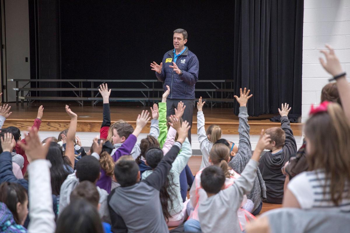 Ed Piotrowski, WPDE ABC 15 chief meteorologist, talks to 5th graders at Socastee Elementary school. Piotowski says he loves getting involved with his community and does about 150 appearances a year at schools, civics groups and local charities.Feb 20, 2019.