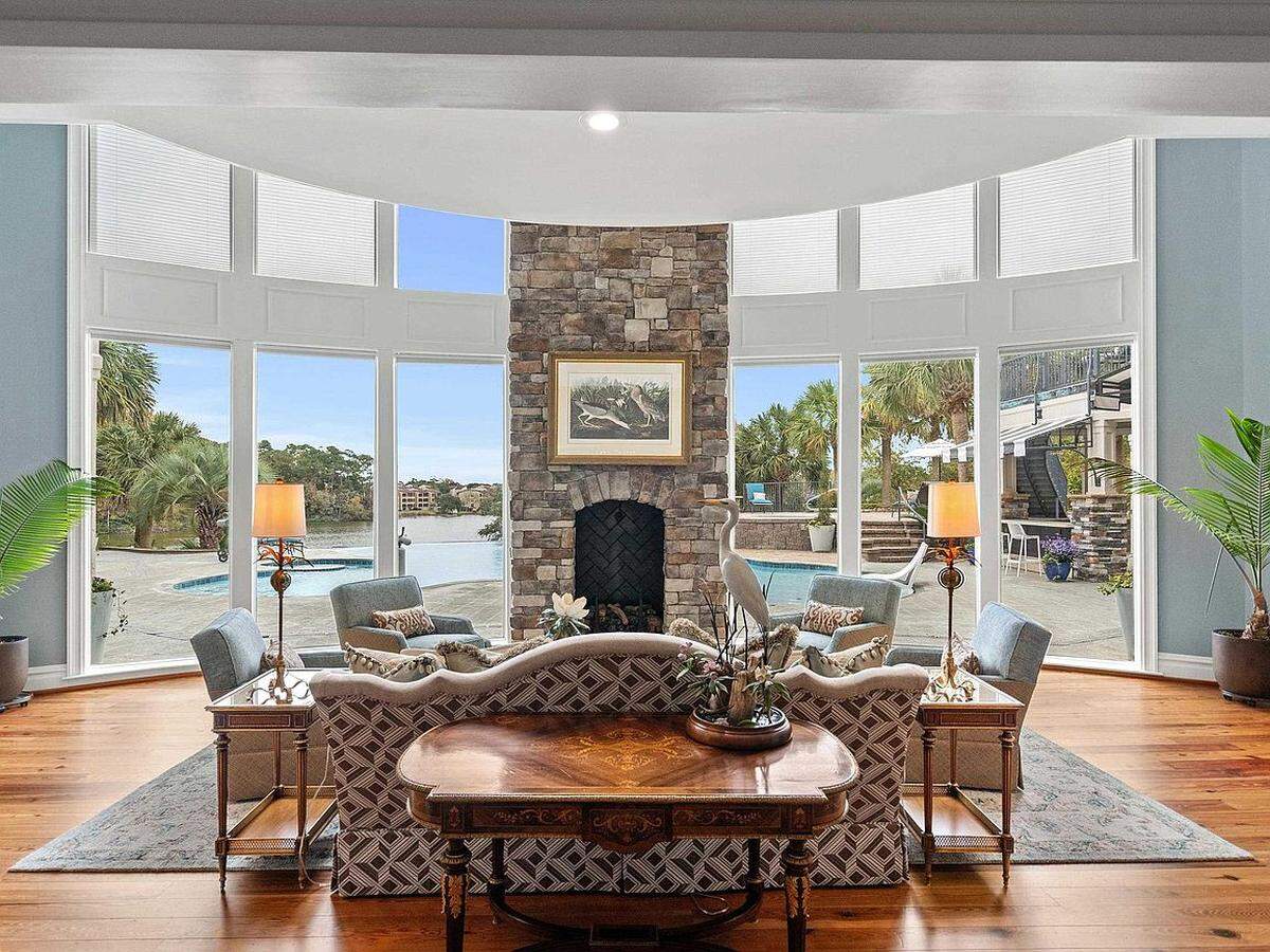 The living room overlooking the backyard pool.
