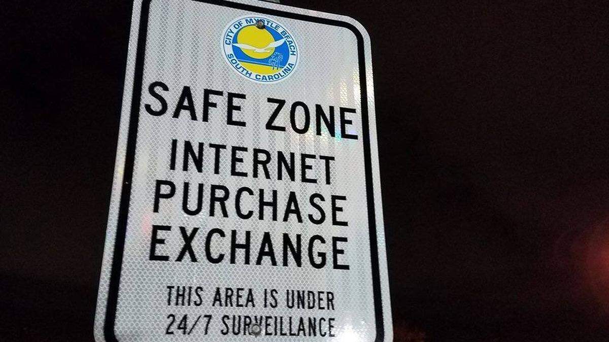 The Myrtle Beach Police Department has installed a pair of signs in the parking lot of the Ted C. Collins Law Enforcement Center at 1101 North Oak Street in Myrtle Beach deeming that area an “Internet Purchase Exchange Safe Zone.”