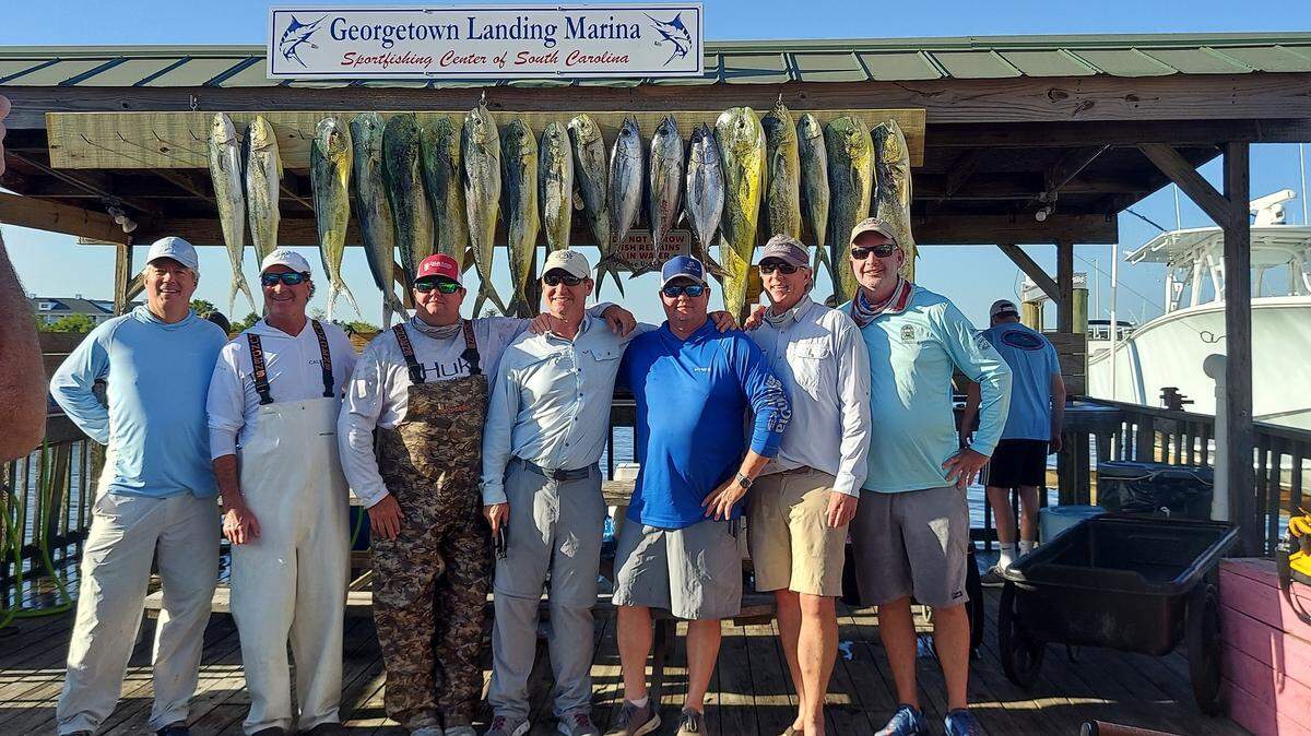 The crew of Game On shows off a nice catch of dolphin and blackfin tuna earlier this week out of Georgetown Landing Marina. The offshore trolling action has heated up within the last week.