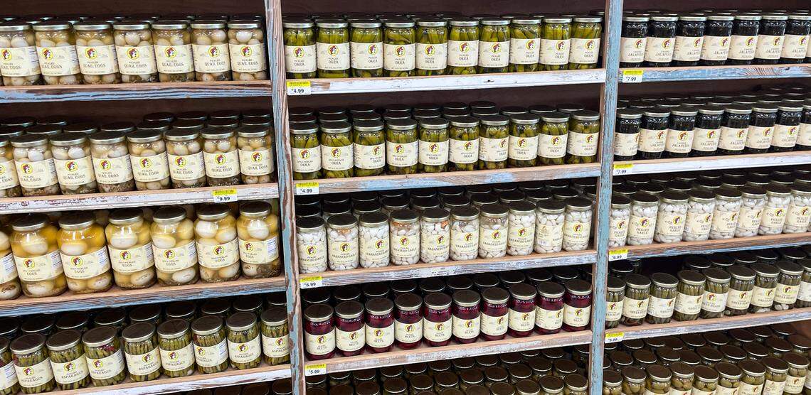 Jars of pickled foods sold at a Buc-ee’s gas station in Royce City, Texas.