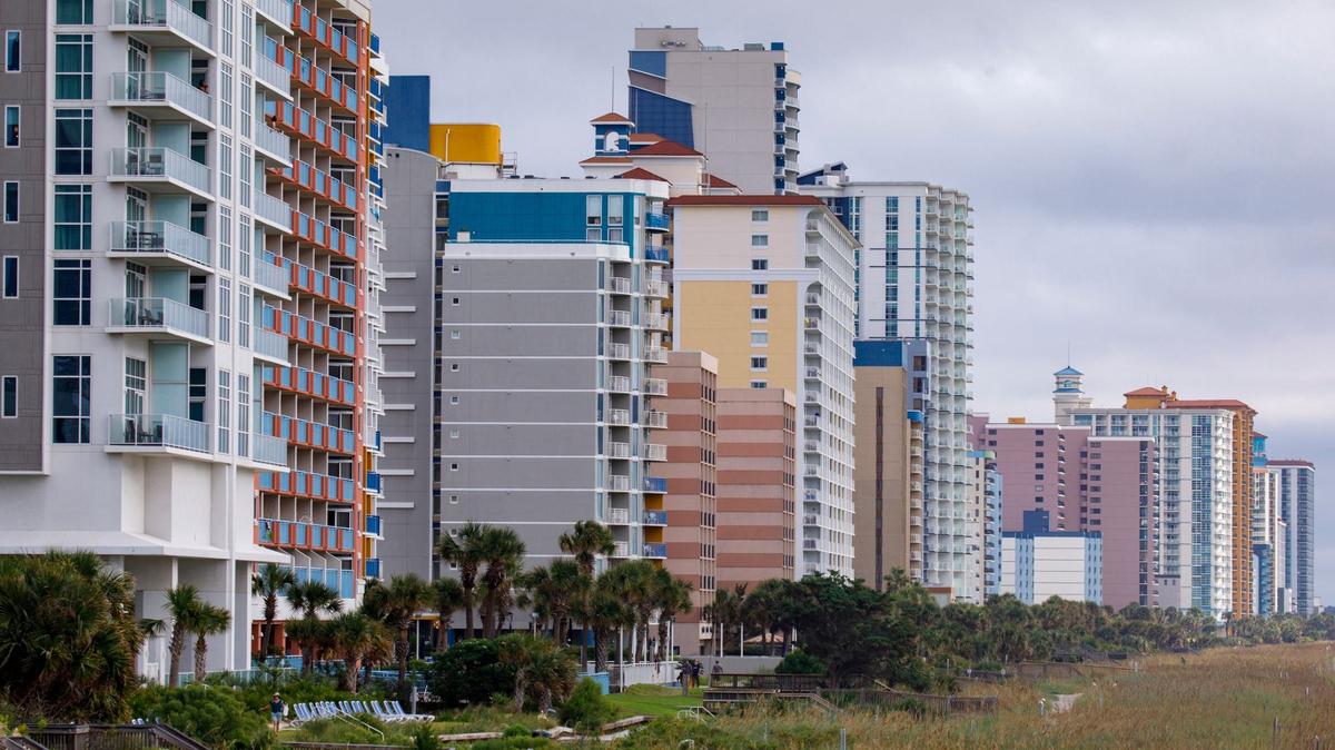 Hotels and resorts line the Myrtle Beach, S.C. oceanfront. In 2024, the City of Myrtle Beach halted converting short-term rentals and hotels near the ocean into long-term rentals. The city is looking to make the ban permanent for larger properties with a proposed amendment to its zoning.