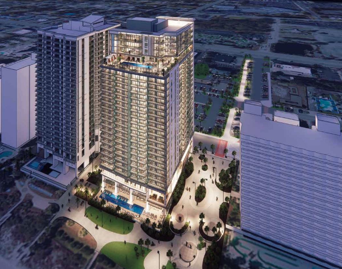 A rendering of a proposed new oceanfront hotel in Myrtle Beach, SC, with a pool on the roof. According to a presentation for the property shown during the November 12, 2024 City of Myrtle Beach city council meeting, the property will have close to 230 units.