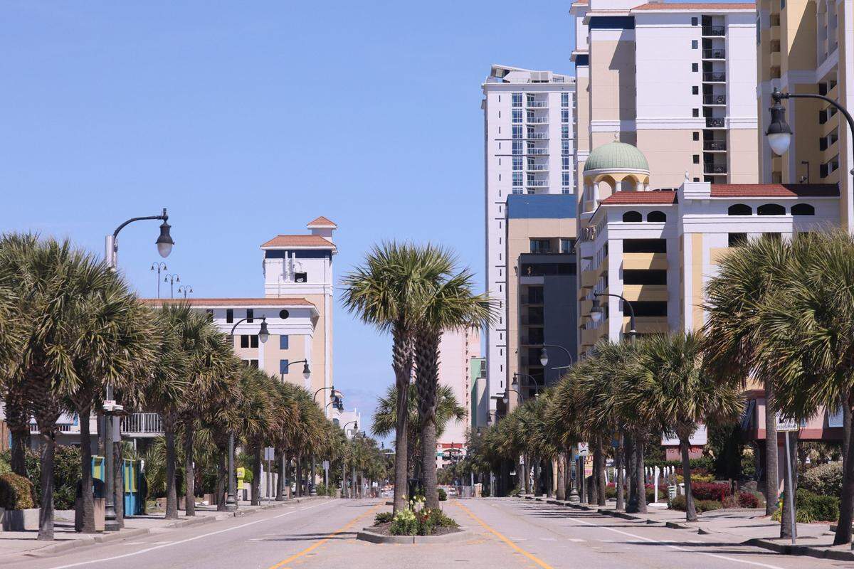 Hotels in Myrtle Beach fill the skyline along Ocean Boulevard on March 26, 2020.