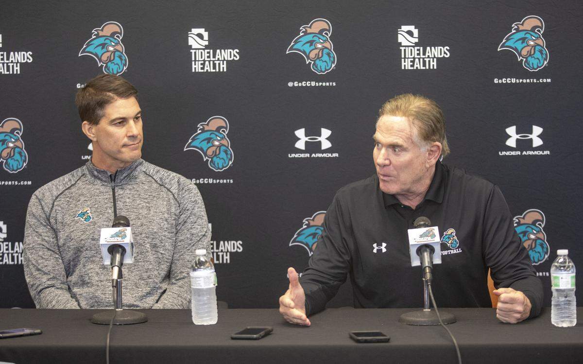 CCU football coach Joe Moglia speaks with the media Friday at Brooks Stadium in Conway. Moglia stepped down as heach coach after seven seasons at CCU.