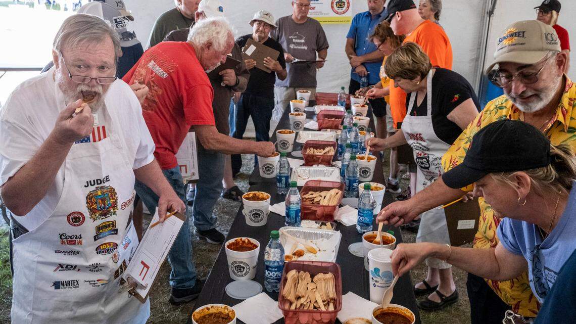 Judges sample chili at the Beach ’n Chili Fest 55th Annual World Championship Chili Cook-Off.