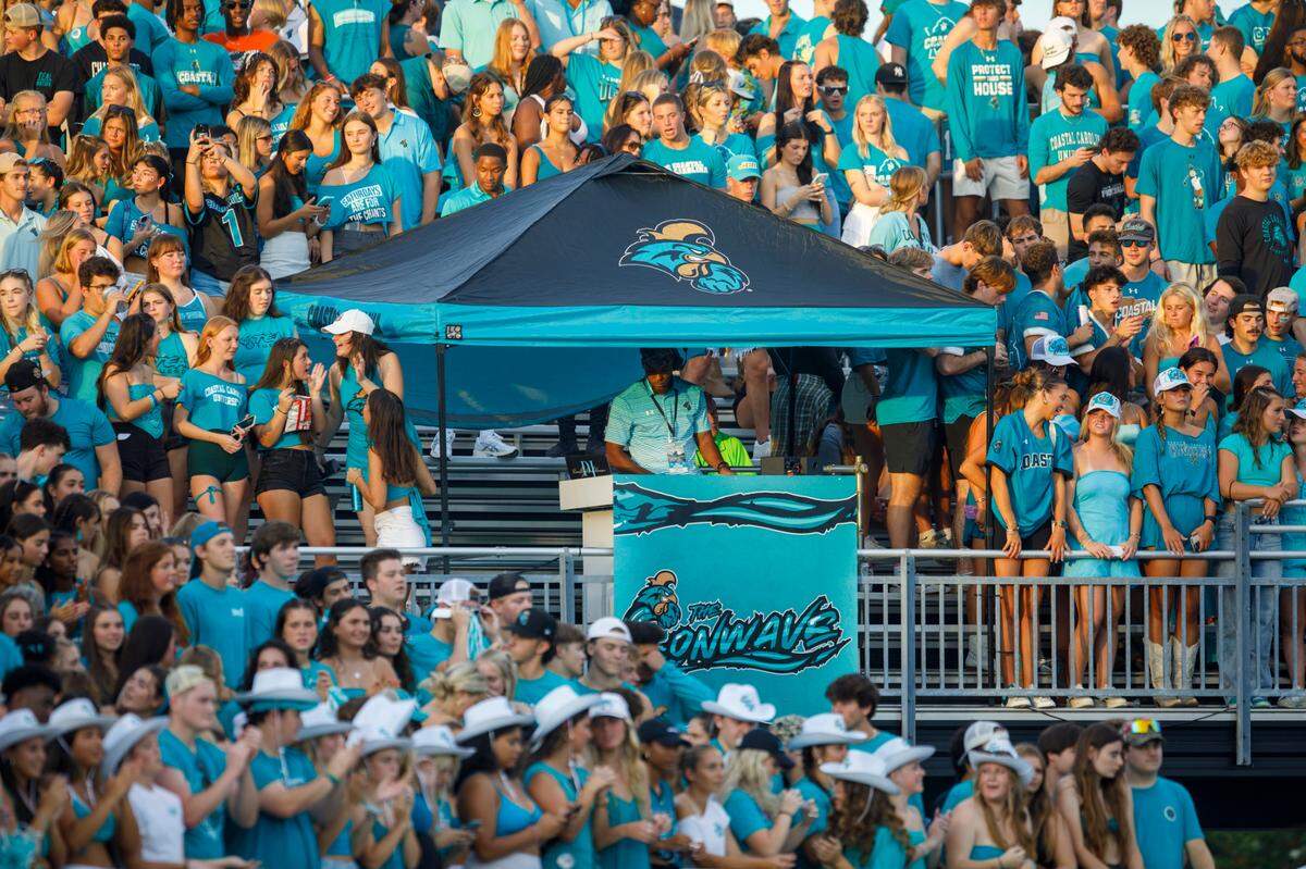 The new Coastal Carolina DJ for the student section at Brooks Stadium for CCU’s Saturday, Sept. 7, 2024, game against William & Mary. The student section, renamed the Conwave, featured several new amenities for fans.