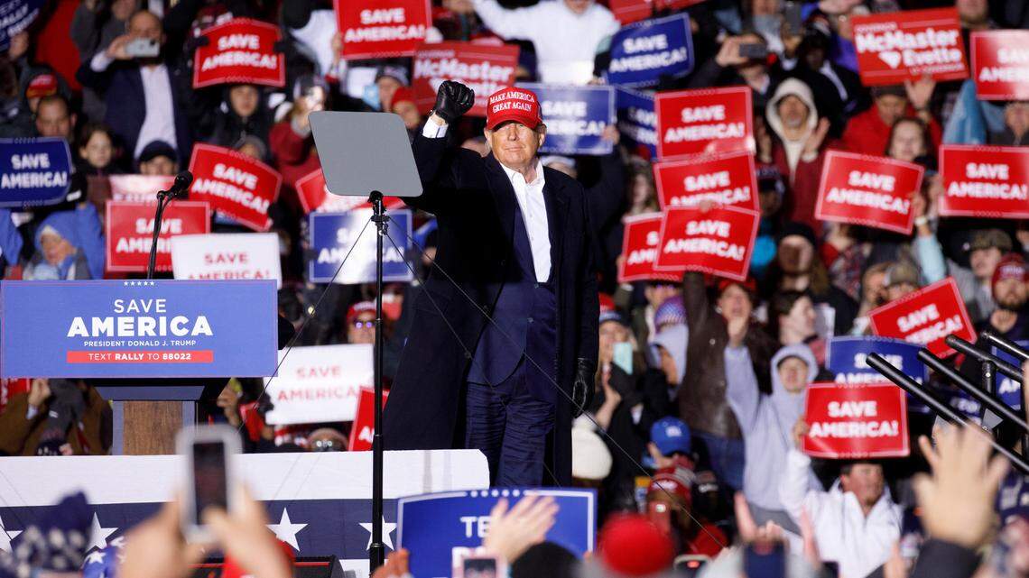 Former President Donald Trump takes the stage in Florence Saturday night. Thousands journeyed to the Florence Regional Airport on a cold, rainy Saturday to spend hours waiting to hear from former President Donald Trump and other S.C. Republican politicos at the ’Save America’ rally.March 12, 2022.