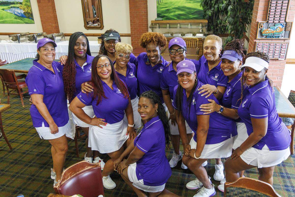 Members of the Myrtle Beach chapter of Queens on the Greens tee off for a round of afternoon play at Wild Wing Plantation in Conway, SC on August 12, 2025. The group is part of a larger organization that began in Maryland designed to offer women of color a chance to get together to play golf, learn how to play golf and socialize. The women, which range from beginners to advanced players, usually play nine holes and then go out to eat after golfing. Local chapter founder Celisse Lundy said, "There's no judgement. Just fellowship and playing golf.". Aug. 12, 2025.