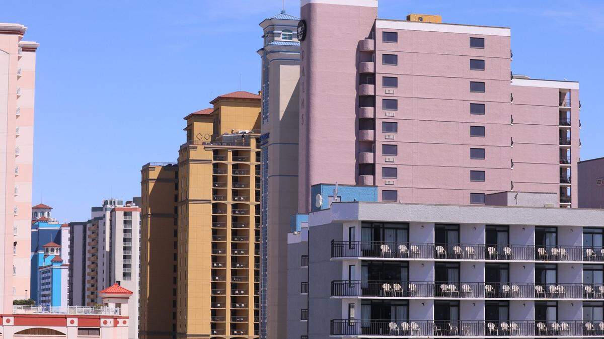 Hotels in Myrtle Beach fill the skyline along Ocean Boulevard on March 26, 2020.