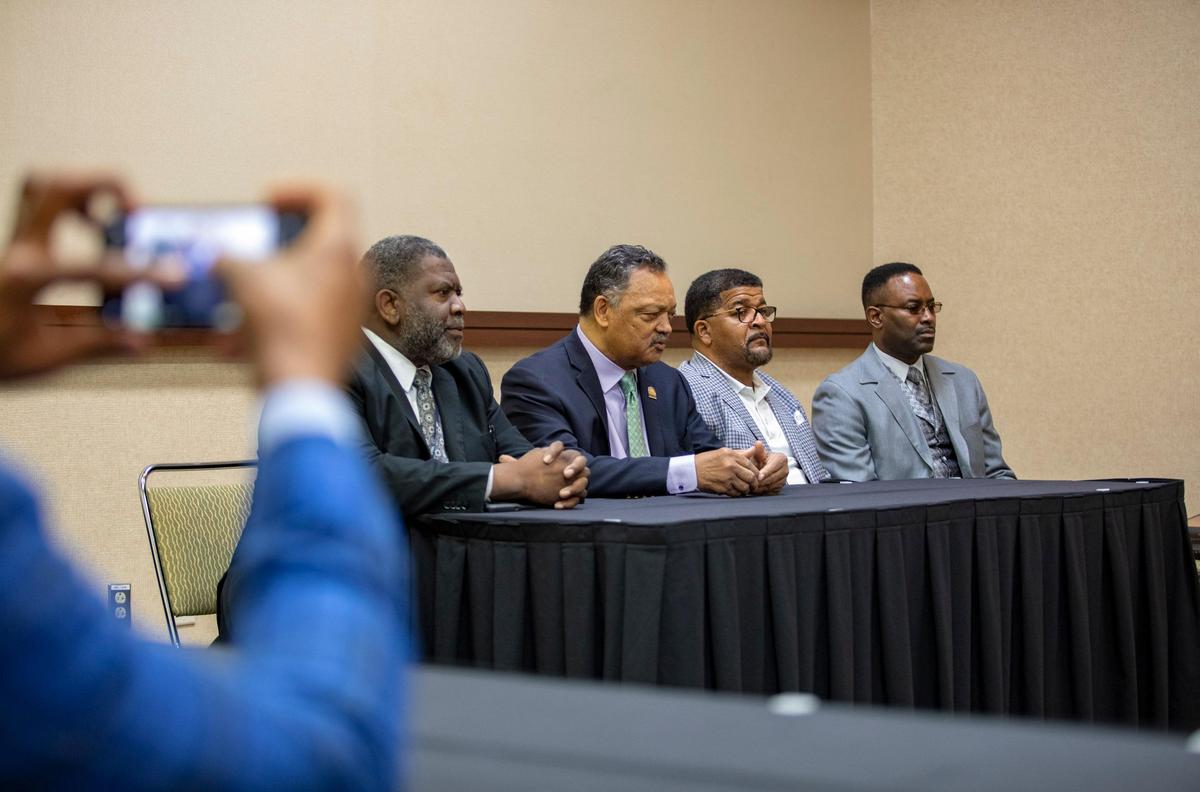 Rev. Jesse Jackson speaks with media members Thursday at the Myrtle Beach Convention Center. Jackson and members of the South Carolina State Baptist Convention discussed plans for a statewide voter registration drive and the need for Medicaid expansion and sensible gun control measures.