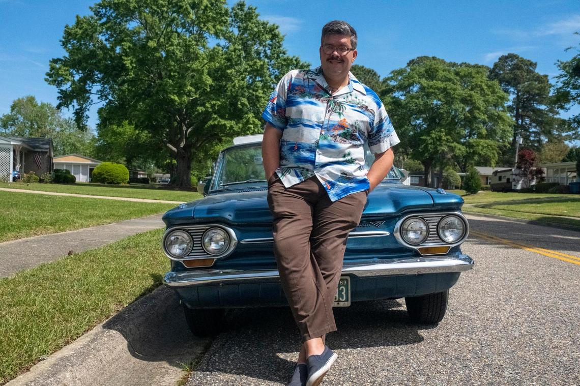 Jordan Farrar, cruises around Myrtle Beach in his 1963 Corvair. Known on social media as the Retro Myrtle Beach guy, he embraces mid-century style and culture and promotes Myrtle Beach’s history of that era. April 10, 2023.