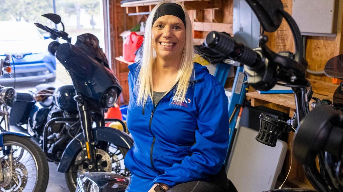 Ashley Nance sits on her new motorcycle that she plans to ride with fellow veterans. Nance is one of the approximately 150 transgender veterans who find community and medical care through the Ralph H. Johnson VA Medical Center in Charleston.. March 22, 2023.