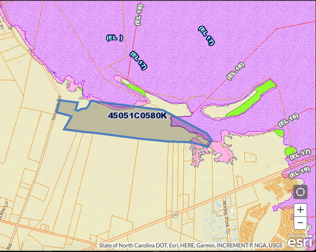 Developers plan to build new homes in the outlined area, as shown in the Federal Emergency Management Agency map, as part of phase three of a three-part project. The area flooded during Hurricane Florence but is not designated as flood-prone according to FEMA's maps.
