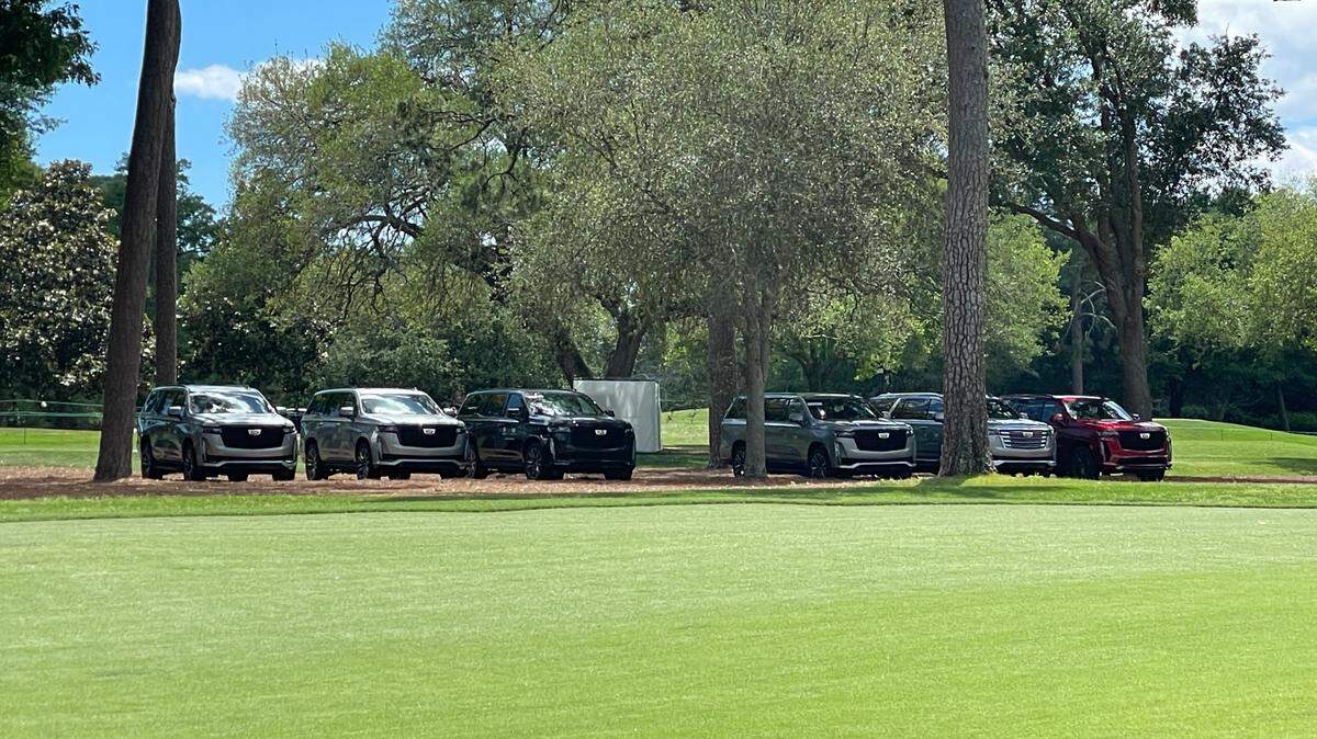 A group of Cadillac Escalades parked in between holes 3 and 15 at the Dunes Golf & Beach Club, which is hosting the first Myrtle Beach Classic. There are about 140 Cadillacs on the golf course.
