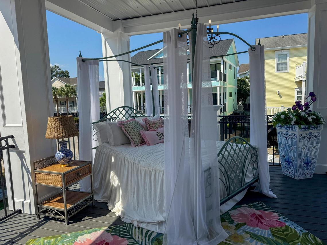 The Pink Palace, a rental house in Ocean Lakes has recently gone viral on social media platforms such as Tiktok. Unique features include a carriage, a putting green, an outdoor canopy bed, custom chandeliers in the showers and a Moke golf cart. Monday. June 23, 2025.