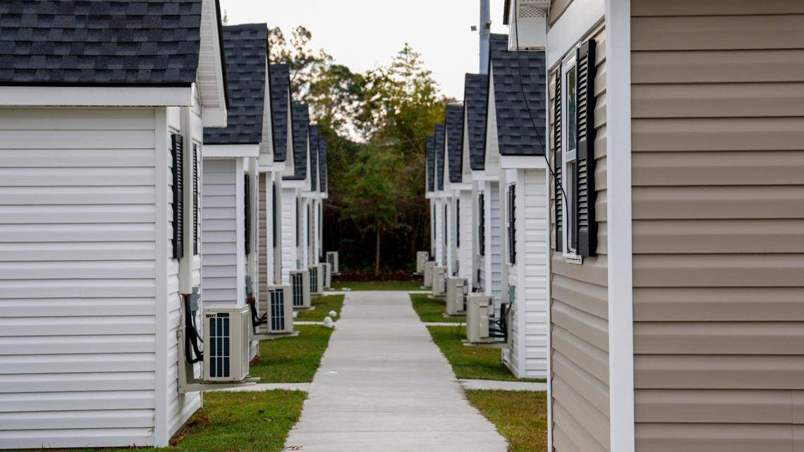Homes built by the Veterans Welcome Home & Resource Center remain empty in Myrtle Beach, SC awaiting final permits. The project started almost three years ago has faced numerous delays but a ribbon cutting ceremony was held last week. Nov. 18, 2024.