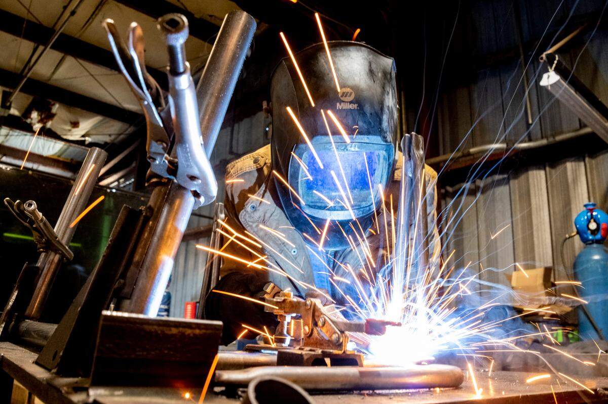 Ryan Huddleston, a graduate of Horry Georgetown Technical College, welds a tricycle frame at Worksman Cycles. The company manufactures industrial bicycles and tricycles that are primarily used in large factories. Founded in 1898, the company is considered the oldest U.S. made cycle manufacturer. Factory operations moved from New York City to Conway, S.C. in 2016. March 7, 2023.